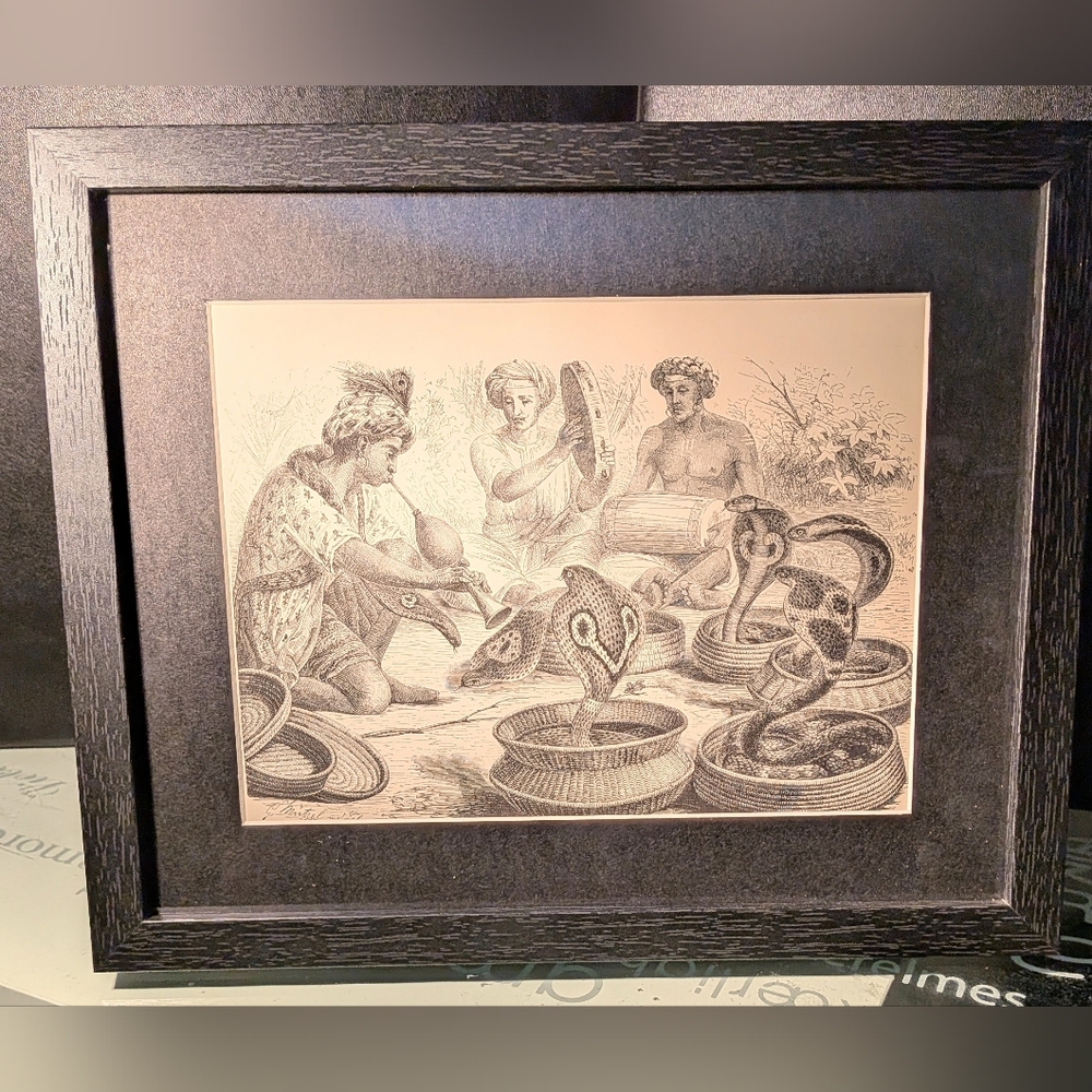 Majestic Snake Charmers Illustration in Black Frame Vintage 127 Year Old Print